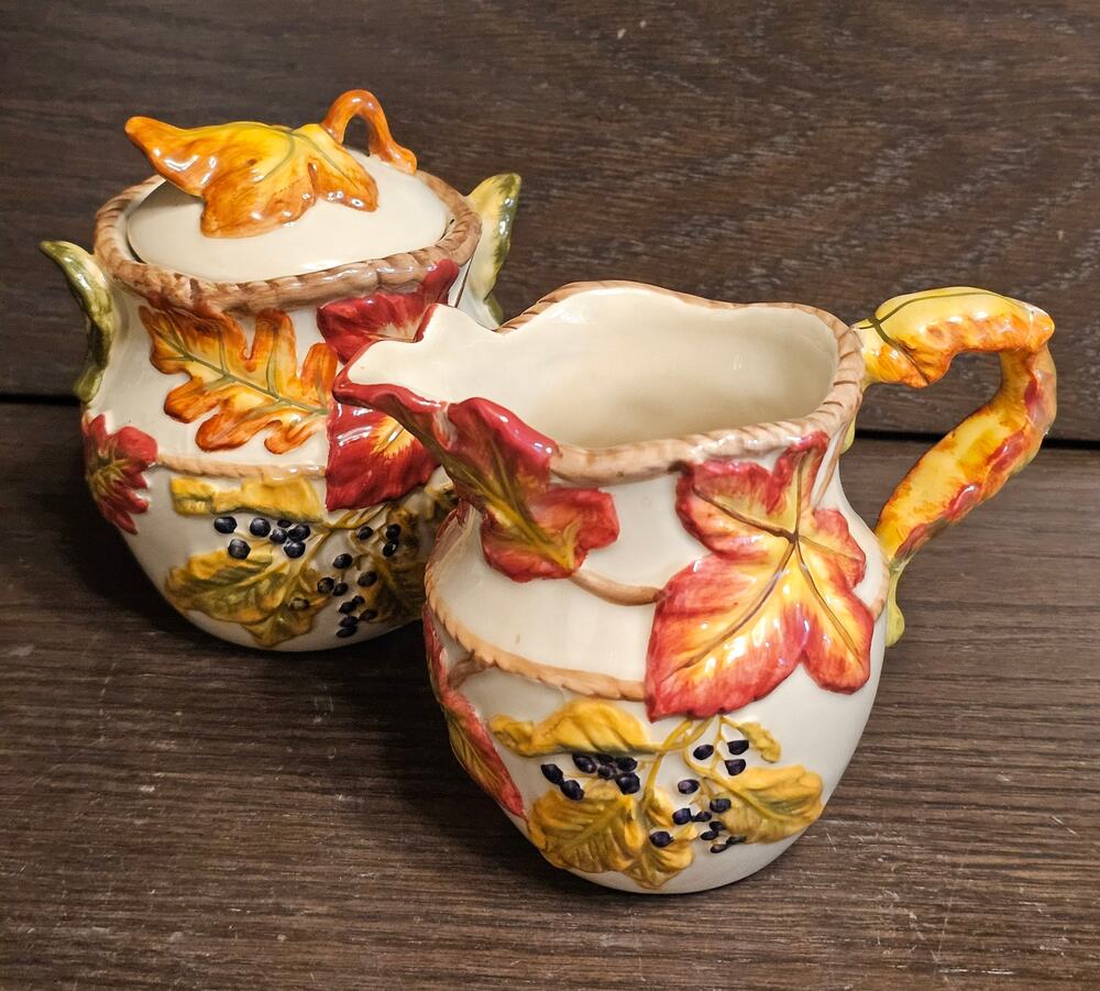 VTG BICO China Fall Leaves Autumn Colors 3D Sugar Bowl w/Lid Creamer EUC